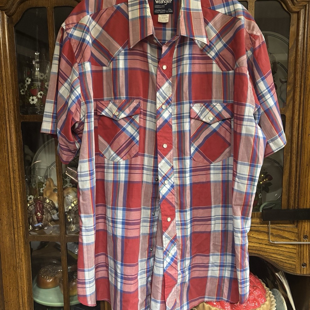 Wrangler Pearl Snap Red Plaid Men's Short Sleeve Shirt Size 17.5 Xtra Long Tails